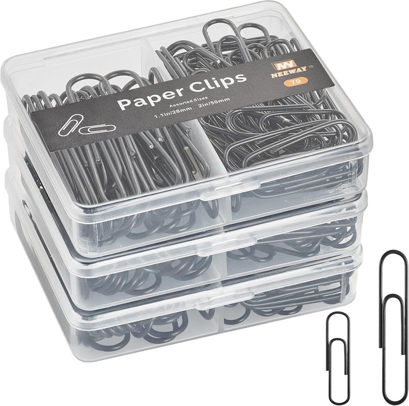 NEEWAY Colorful Paper Clips Assorted Sizes, Small and Large Paperclips, 210 Count, 3 Pack of 70 (Black) - Image 1